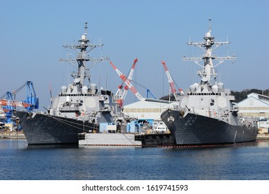 Kanagawa, Japan - February 20, 2010:United States Navy USS Fitzgerald (DDG-62) And USS Mustin (DDG-89), Arleigh Burke-class Destroyer.