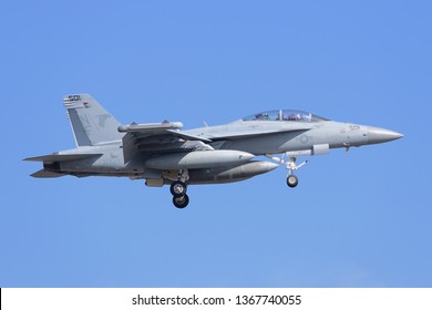 Kanagawa, Japan - March 28, 2015: United States Navy Boeing EA-18G Growler Electronic Warfare Aircraft From VAQ-141 'Shadowhawks'.