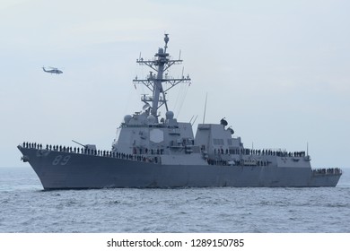 Kanagawa, Japan - October 15, 2015:United States Navy USS Mustin (DDG-89), Arleigh Burke-class Destroyer.