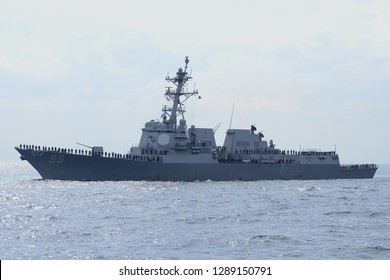 Kanagawa, Japan - October 15, 2015:United States Navy USS Mustin (DDG-89), Arleigh Burke-class Destroyer.