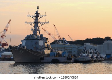 Kanagawa, Japan - October 15, 2015:United States Navy USS Mustin (DDG-89), Arleigh Burke-class Destroyer.