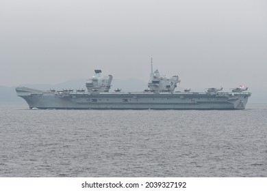 Kanagawa, Japan - September 04, 2021:Royal Navy HMS Queen Elizabeth (R08), Queen Elizabeth-class Aircraft Carrier.