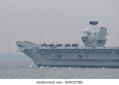 Kanagawa, Japan - September 04, 2021:Royal Navy HMS Queen Elizabeth (R08), Queen Elizabeth-class Aircraft Carrier.