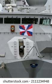 Kanagawa, Japan - September 05, 2021:Netherlands naval jack flag on Royal Netherlands Navy HNLMS Evertsen (F805).