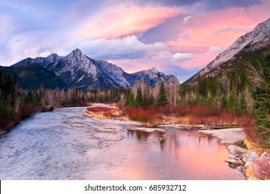 The Kananaskis River At Sunset, Alberta, Canada