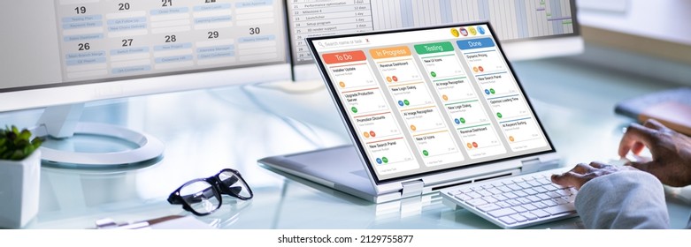 Kanban Project Management Software On Laptop. Digital Calendar Schedule - Shutterstock ID 2129755877