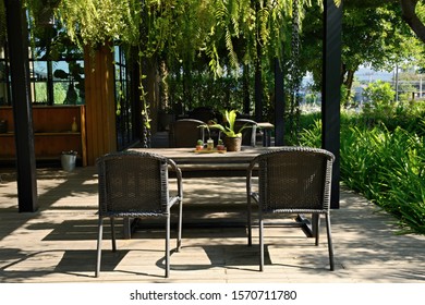 Kanchanaburi, Muang Kanchana Buri / THAILAND - NOV 23, 2019:Wooden Chair, Wooden Table At
Keeree Mantra Restaurant, The Most Stylish Indoor Cafe, Is Decorated In A Farm Style. 