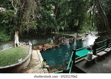 KANCHANABURI, THAILAND - JUNE 5, 2018: Hindad Hot Spring In Kanchanaburi. Tourists Enjoying Bathing In Natural Hot Springs In Thailand.