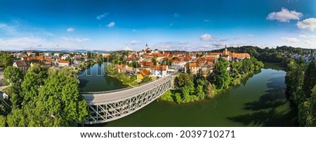 Kandija Iron Bridge Old Bridge, on Krka River in Novo Mesto , Slovenia. Aerial Panorama.