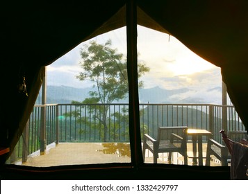 Kandy, Sri Lanka, October 27 2018: Glam Camping Tent With A Beautiful Sunrise.