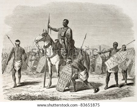 Kanembu leader and warriors old illustration, Chad. Created by Rouargue after Barth, published on Le Tour du Monde, Paris, 1860