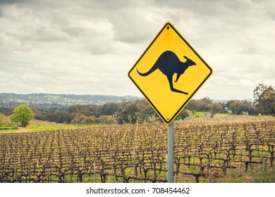 Kangaroo Road Sign On A Side Of A Road In  Adelaide Hills Wine Region, South Australia