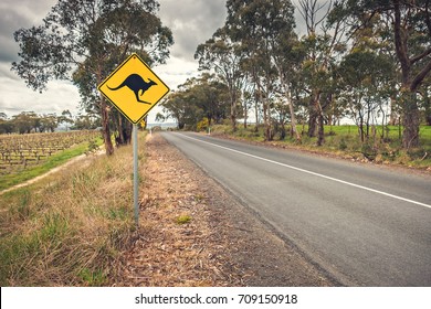 Kangaroo Road Sign On A Side Of A Road In  Adelaide Hills Wine Region, South Australia