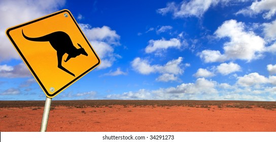 Kangaroo Warning Sign In The Australian Outback.  Western New South Wales, Near Broken Hill.