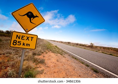 Kangaroo Warning Sign On A Road In The Australian Outback.  Western New South Wales.