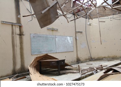 KANO, NIGERIA - September 8, 2015: Badly Damaged Lecture Hall At The Federal College Of Education, Attacked By Boko Haram Insurgent Gunmen Who Detonated A Bomb In The Classroom September 17, 2014.