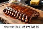 Kansas City BBQ Ribs: Tender, smoky ribs slathered in a sweet and tangy Kansas City-style barbecue sauce, served with baked beans and cornbread.