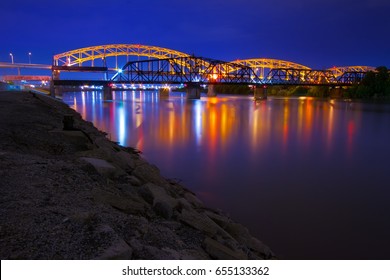 Kansas City Broadway Bridge At Night Over The Missouri River.