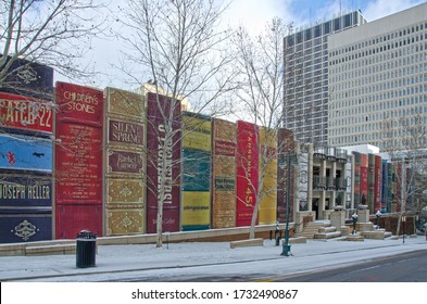 Kansas City, Missouri - December 23, 2017:  The Kansas City Public Library parking garage is camouflaged as a bookshelf.