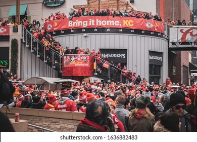 Kansas City, Missouri - February 5, 2020: Bring It Home KC Chiefs Fans Celebrating At The Power And Lights District