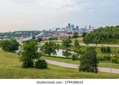 Kansas City, Missouri - July 14, 2020: Downtown City Skyline And Penn Valley Park On A Summer Day