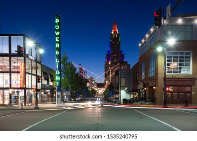 Kansas City, Missouri / United States of America - October 16th 2019 : A view of the Power and Light district in downtown Kansas City.  Power and Light building in the background at night.