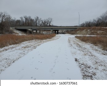 Kansas City, Missouri / USA - Highway Bridge Crossing River In Winter Time