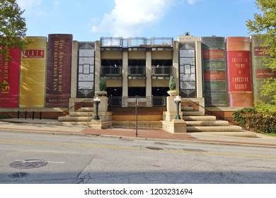 KANSAS CITY, MO -17 AUG 2018- View of the parking garage of the Central Branch of the Kansas City Public Library  whose exterior walls are a row of books lined up on a shelf in Missouri.
