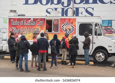 Kansas City, MO / United States Of America - February 5th, 2020 : Taste Of Kansas City Bar-B-Q & Grill Food Truck, With A Line Of People Waiting.  Truck Parked At The Chiefs Championship Parade.