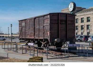 Kansas City, MO United States Of America - Jan 21st, 2022 : Train Car From Auschwitz On Display Outside Union Station In Kansas City, Part Of The Holocaust Exhibit On Tour.  