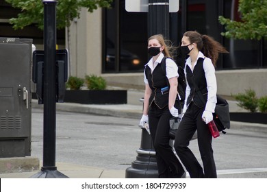 Kansas City, MO/ USA - August 8, 2020: Two Women Walking In Empty Streets Of Downtown Kansas City During Covid-19 Pandemic