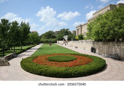 Kansas City, MO  USA - August 28, 2021: Nelson Atkins Museum on a sunny summer day with a view of the lawn and flower garden. 