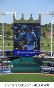 KANSAS CITY - SEPTEMBER 27: Cy Young winner Zack Greinke of the Royals is captured on the famous crown scoreboard at Kauffman Stadium on September 27, 2009 in Kansas City, Missouri.