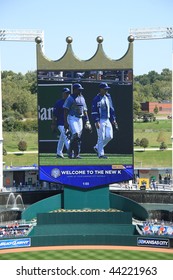 KANSAS CITY - SEPTEMBER 27: Cy Young winner Zack Greinke of the Royals is captured on the famous crown scoreboard at Kauffman Stadium on September 27, 2009 in Kansas City, Missouri.