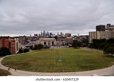 Kansas City Skyline Aerial American Flag Buildings On Cloudy Day