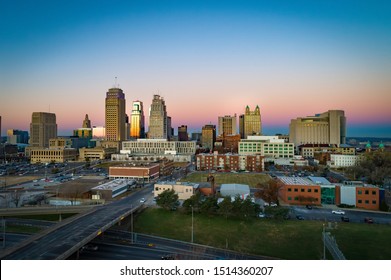 Kansas city skyline at dusk from a drone - Shutterstock ID 1514360207