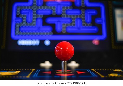 KANSAS CITY, UNITED STATES - Jul 13, 2022: A Closeup Of A Pac Man Joystick For An Arcade Video Game