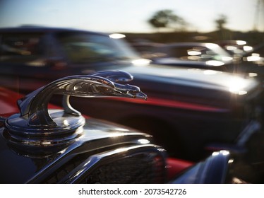 KANSAS CITY, UNITED STATES - Oct 11, 2021: A Closeup Shot Of 40's Chrome Hood Ornament