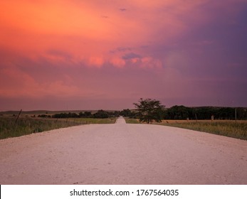 Kansas Country Dirt Road And Sunset