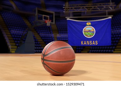 Kansas State Flag And Basketball On Court Floor