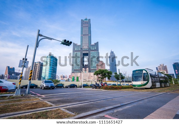 Kaohsiung City, Taiwan - June 8, 2018:light rail\
and 85 sky tower\
