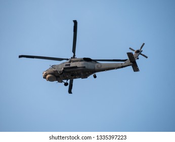 Kaohsiung, Taiwan - 02 Sept 2018:
Taiwanese Military Helicopter Flying On Clear Day. Republic Of China Air Force / Navy