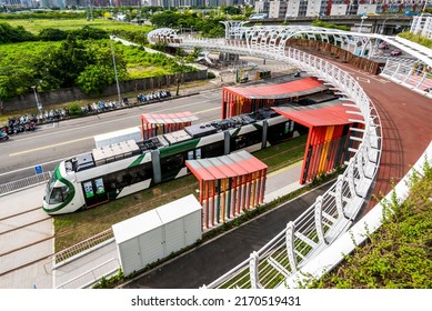 Kaohsiung, Taiwan- July 5, 2016: The Light Rail Train Stops At The Cianjhen Star Station In Kaohsiung, Taiwan.