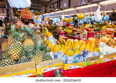 Kaohsiung, Taiwan - May 12, 2021: fruits stalls at a large traditional market in North Kaohsiung, Taiwan. This is a large traditional market in North Kaohsiung, Taiwan