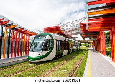 Kaohsiung, Taiwan- May 26, 2016: The Light Rail Train Stops At The Cianjhen Star Station In Kaohsiung, Taiwan.