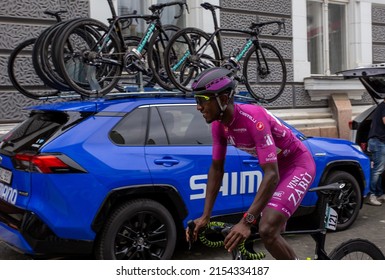 Kaposvar, Hungary, May 8, 2022: famous cyclist Biniam Girmay Hailu preparing to start Ground Tour cycling competition stage 3th of Giro d'Italia 2022. 