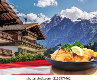 Kaprun Village With Hotel Against Kitzsteinhorn Glacier And With Typical Food(Schnitzel) In Salzburg Region, Austrian Alps, Austria