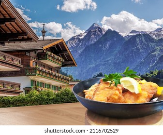 Kaprun Village With Hotel Against Kitzsteinhorn Glacier And With Typical Food(Schnitzel) In Salzburg Region, Austrian Alps, Austria