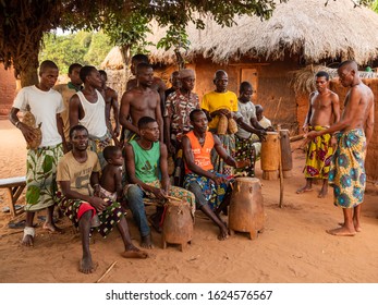 Kara , Togo - 29/12/2019. Togolese Musicians Play The Drums For The Religious Voodoo Dance. Voodoo Is The West African Religion