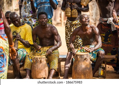 KARA, TOGO - MAR 11, 2012:  Unidentified Togolese Drummers Make Music For The Religious Voodoo Dance Performance. Voodoo Is The West African Religion